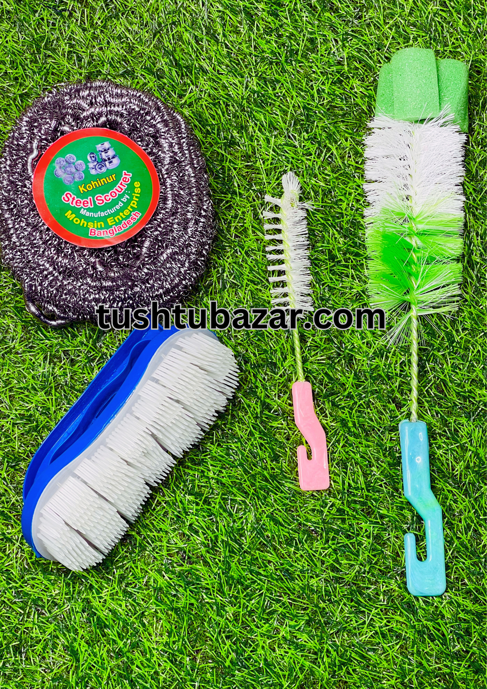 Tushtu-Bazar-7-1-1.png Bottle Brush/বোতল ব্রাশ+cloth cleaning brushes /কাপড় পরিষ্কার করার ব্রাশ+Steel scourer kitchen cleaner majoni/স্টিল মাজোনি - Image 1